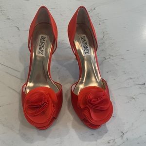 New Badgley Mischka red satin peeptoe heels.